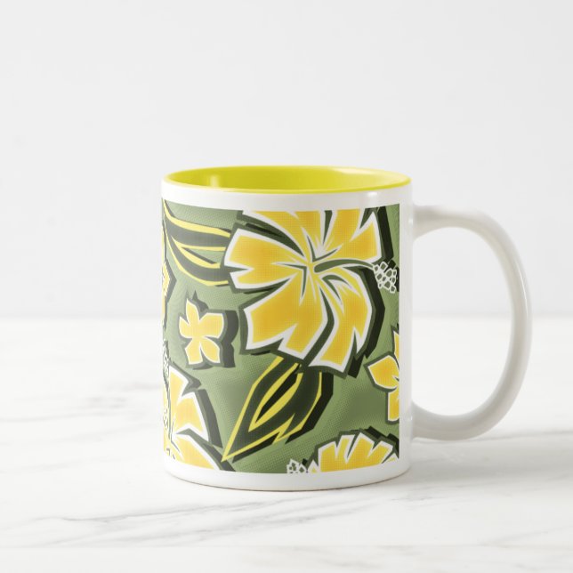 Woodcut Hibiscus Hawaiian Tropical Print Two-Tone Coffee Mug (Right)