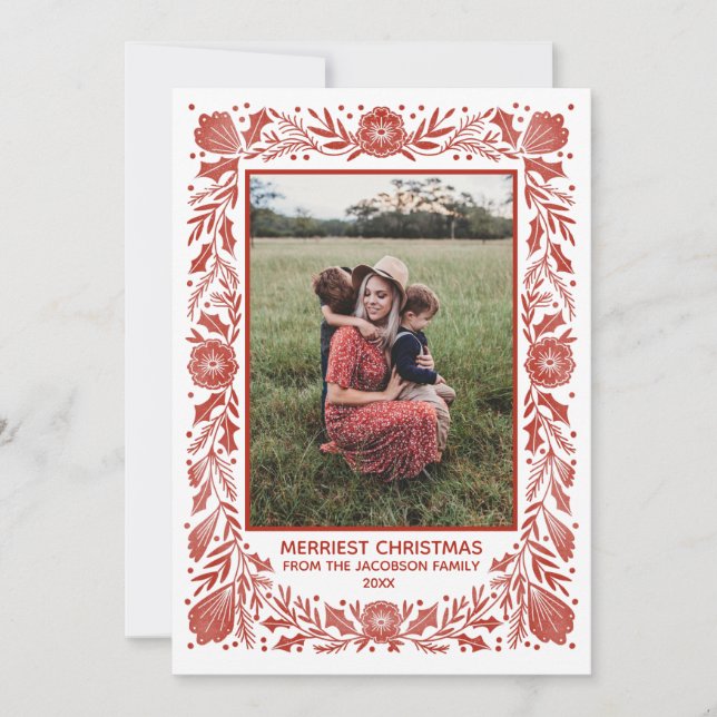 Woodcut Holiday Botanical Frame Red Photo Card (Front)