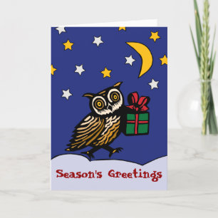 Woodcut Owl with a Gift Snowy Night Winter Holiday Card