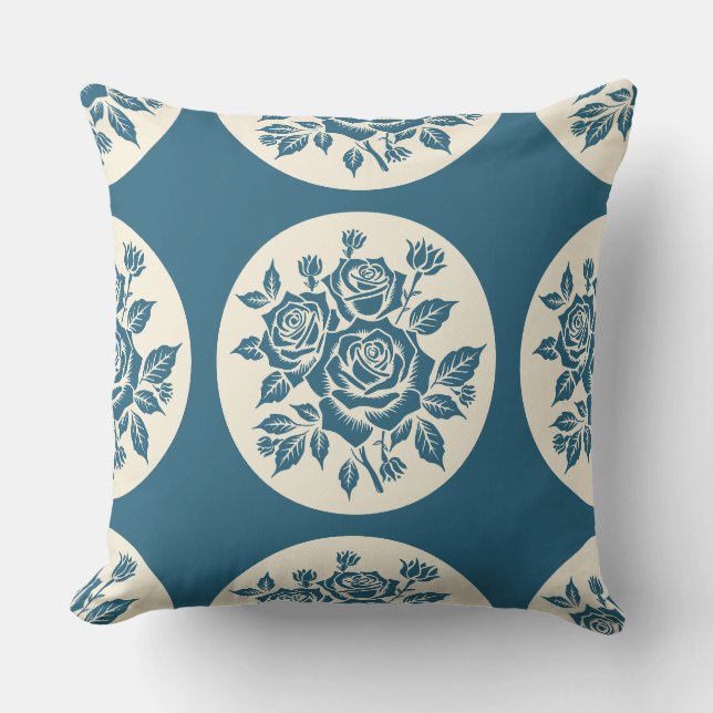 Woodcut Rose Bouquet Locket Cream Navy Throw Pillow (Front)