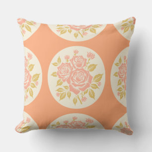 Woodcut Rose Bouquet Locket Orange Coral Throw Pillow