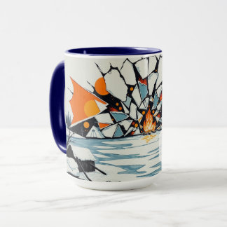 Woodcut Shattered Ice Campfire Embrace White Mug