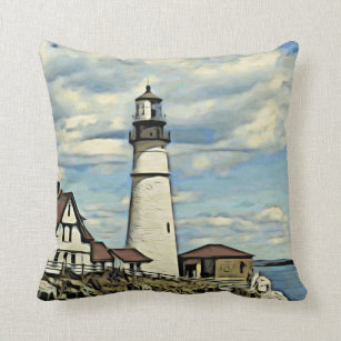 woodcut style art of lighthouse throw pillow