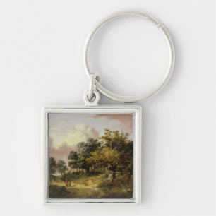 Wooded Landscape with Woman and Child Walking Down Keychain