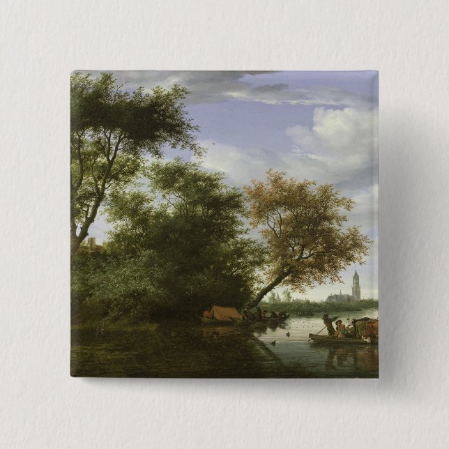Wooded river landscape 2 inch square button (Front)