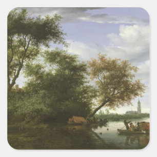 Wooded river landscape square sticker