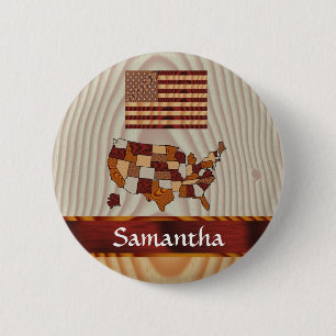 Wooden American flag and map 2 Inch Round Button