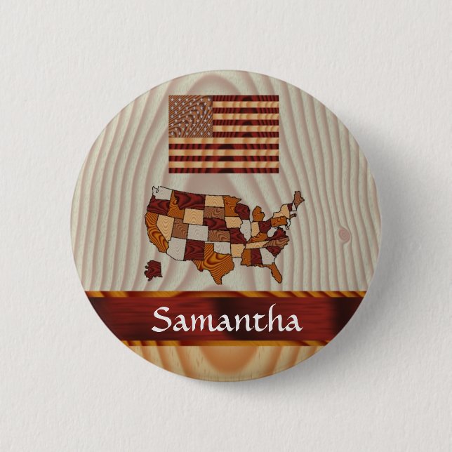 Wooden American flag and map 2 Inch Round Button (Front)