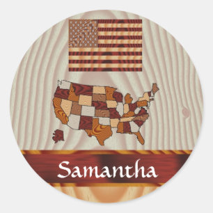 Wooden American flag and map Classic Round Sticker