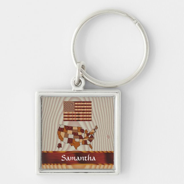 Wooden American flag and map Keychain (Front)