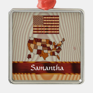 Wooden American flag and map Metal Ornament