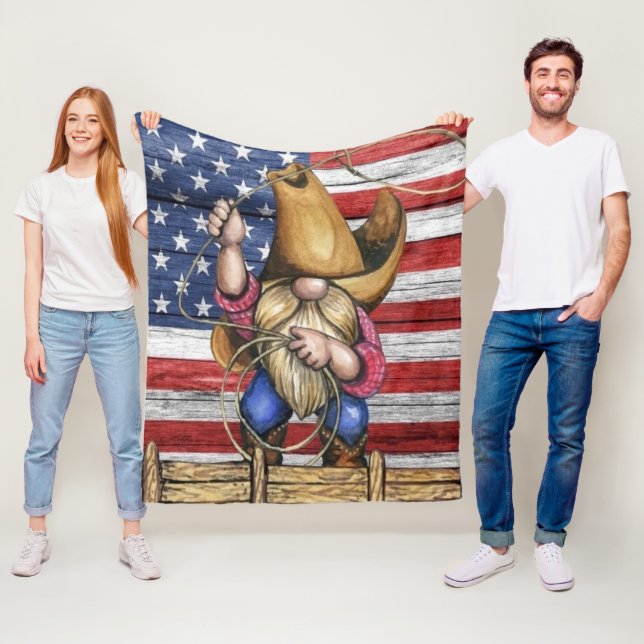 Wooden American Flag With Cowboy Gnome Fleece Blanket (In Situ)