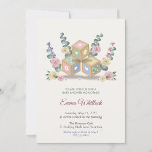Wooden Baby Blocks and Flowers Baby Shower Invite