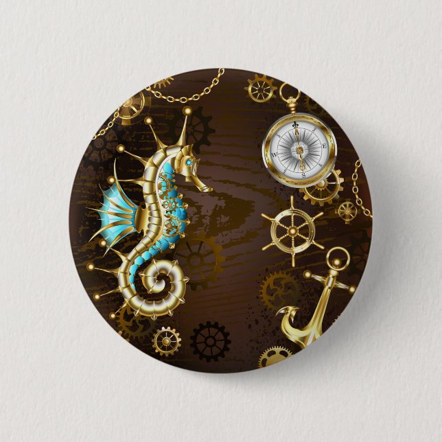 Wooden Background with Mechanical Seahorse 2 Inch Round Button (Front)