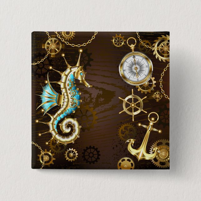 Wooden Background with Mechanical Seahorse 2 Inch Square Button (Front)