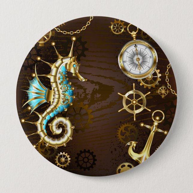 Wooden Background with Mechanical Seahorse 4 Inch Round Button (Front)