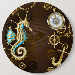 Wooden Background with Mechanical Seahorse 6 Inch Round Button