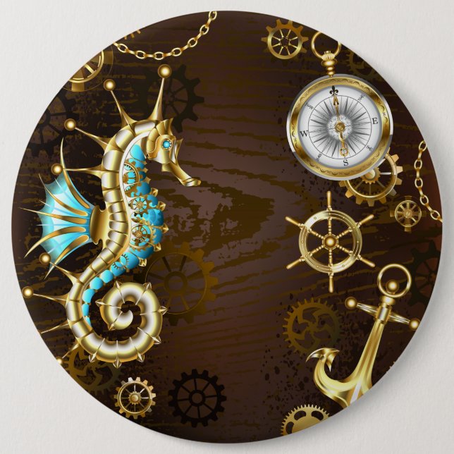 Wooden Background with Mechanical Seahorse 6 Inch Round Button (Front)