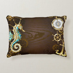 Wooden Background with Mechanical Seahorse Accent Pillow