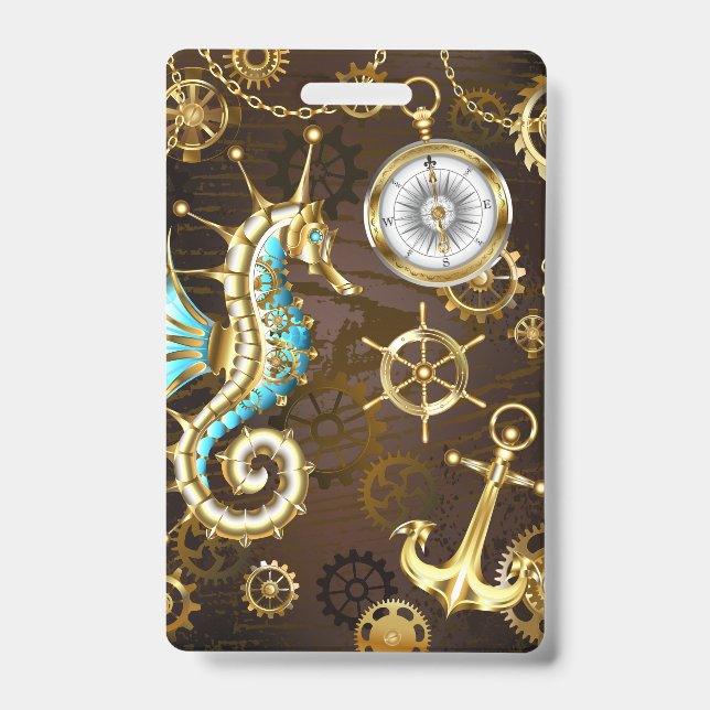 Wooden Background with Mechanical Seahorse Badge (Front)