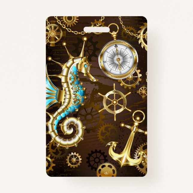 Wooden Background with Mechanical Seahorse Badge (Front)