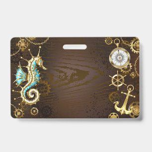 Wooden Background with Mechanical Seahorse Badge