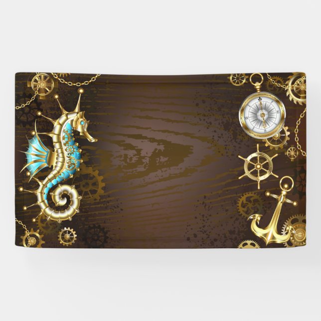 Wooden Background with Mechanical Seahorse Banner (Horizontal)