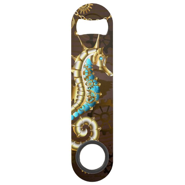 Wooden Background with Mechanical Seahorse Bar Key (Front)