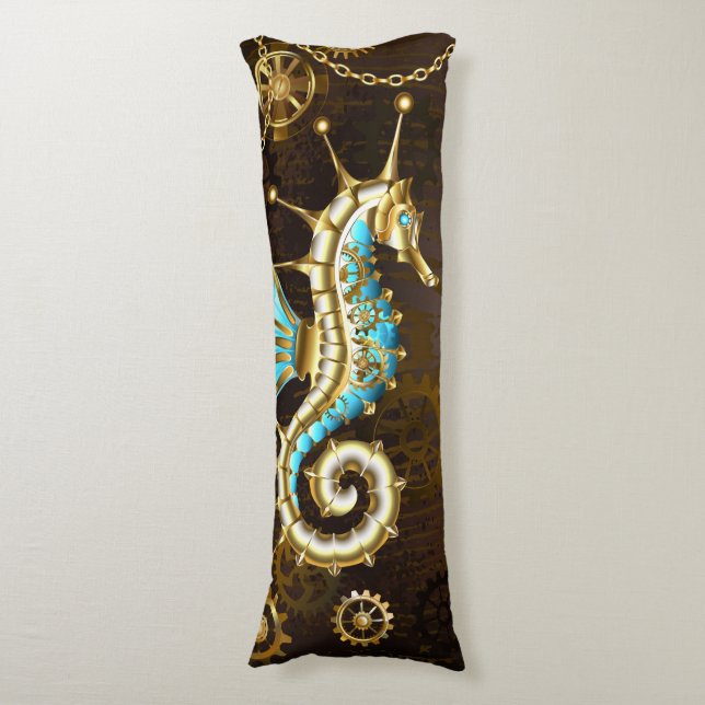 Wooden Background with Mechanical Seahorse Body Pillow (Front Vertical)