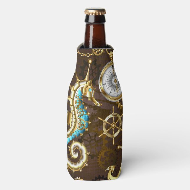 Wooden Background with Mechanical Seahorse Bottle Cooler (Bottle Front)