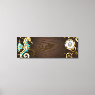 Wooden Background with Mechanical Seahorse Canvas Print
