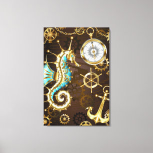 Wooden Background with Mechanical Seahorse Canvas Print