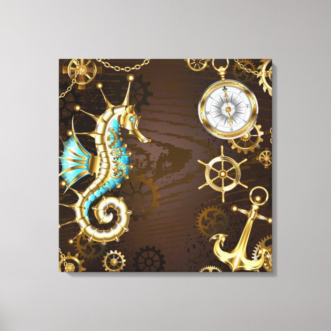 Wooden Background with Mechanical Seahorse Canvas Print (Front)