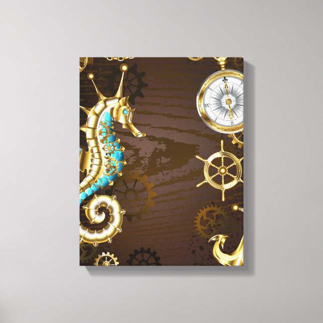 Wooden Background with Mechanical Seahorse Canvas Print (Front)