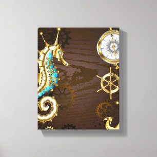 Wooden Background with Mechanical Seahorse Canvas Print