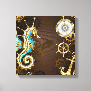 Wooden Background with Mechanical Seahorse Canvas Print