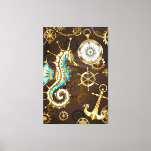 Wooden Background with Mechanical Seahorse Canvas Print