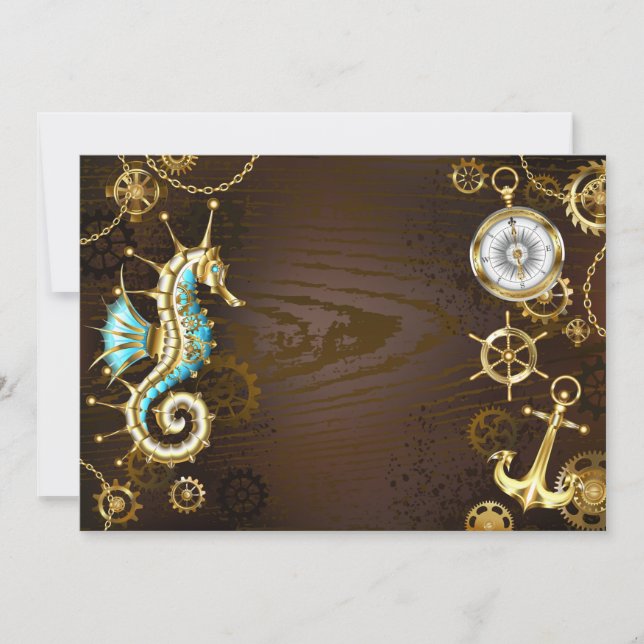 Wooden Background with Mechanical Seahorse Card (Front)