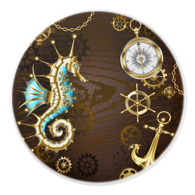Wooden Background with Mechanical Seahorse Ceramic Knob (Front)