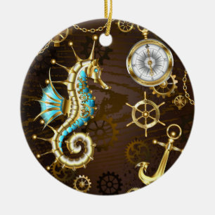 Wooden Background with Mechanical Seahorse Ceramic Ornament