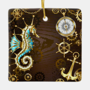 Wooden Background with Mechanical Seahorse Ceramic Ornament
