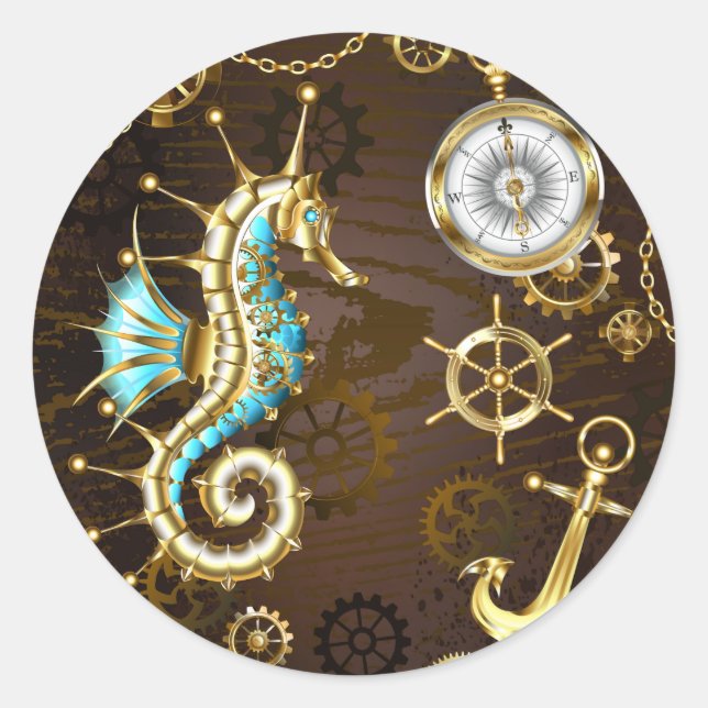 Wooden Background with Mechanical Seahorse Classic Round Sticker (Front)