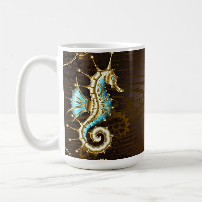 Wooden Background with Mechanical Seahorse Coffee Mug (Left)