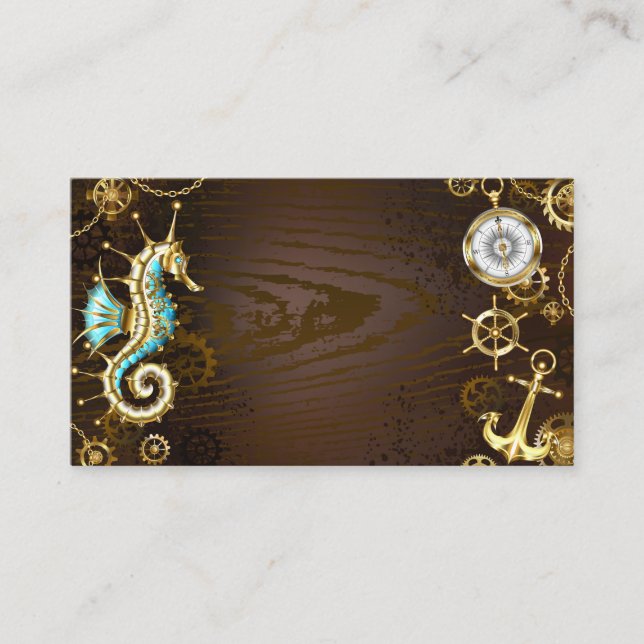 Wooden Background with Mechanical Seahorse Discount Card (Front)