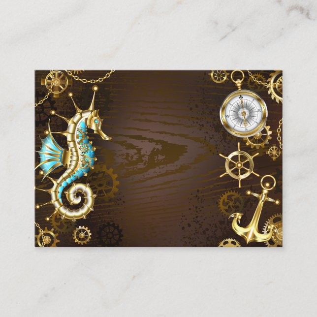 Wooden Background with Mechanical Seahorse Discount Card (Front)