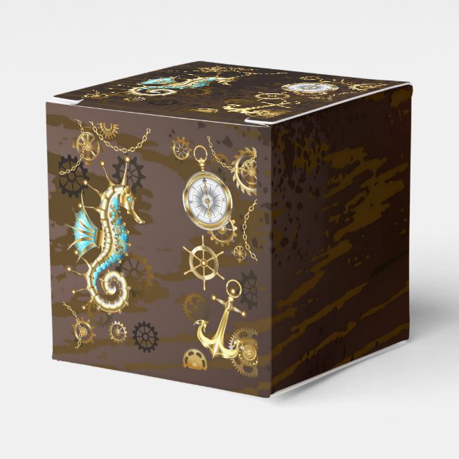 Wooden Background with Mechanical Seahorse Favor Box (Front Side)