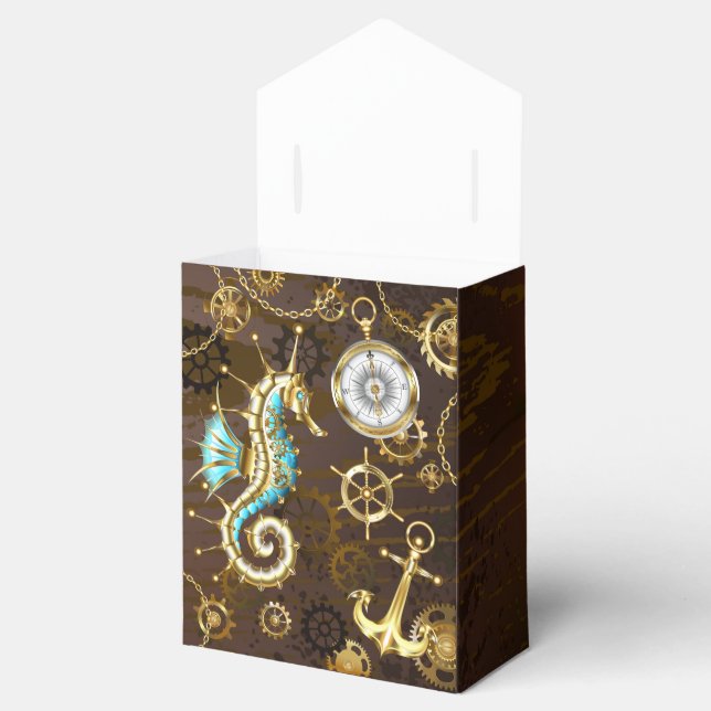 Wooden Background with Mechanical Seahorse Favor Box (Opened)
