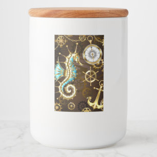 Wooden Background with Mechanical Seahorse Food Label