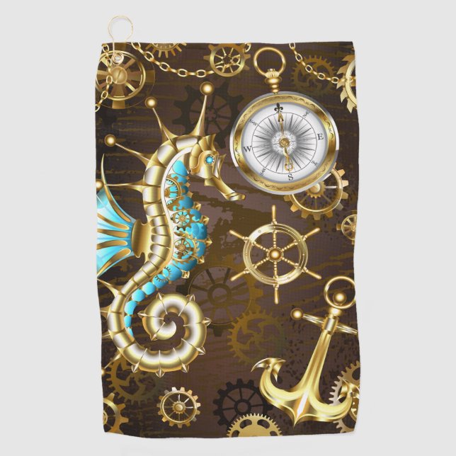 Wooden Background with Mechanical Seahorse Golf Towel (Front)