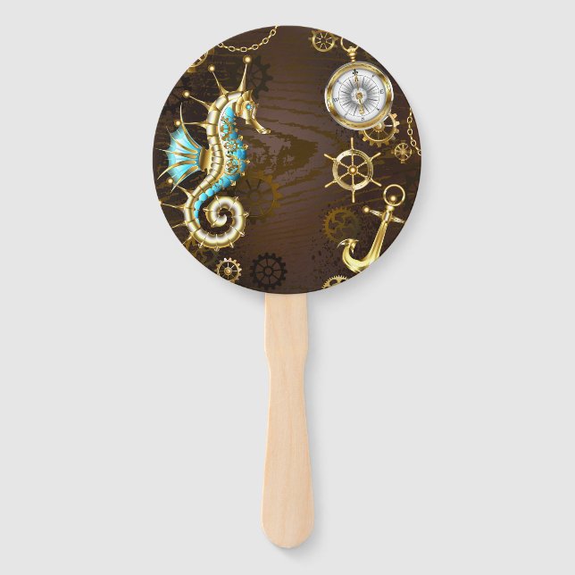 Wooden Background with Mechanical Seahorse Hand Fan (Front)